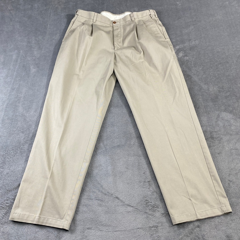 Farah Mens‎ Khaki Pleated Chino Pants 38x32 Tan Cotton Twill Relaxed Trousers
